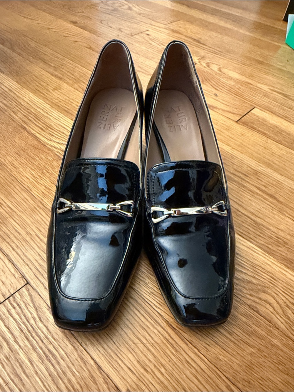 Naturalizer Black Patent Loafers with Gold Bit Accent